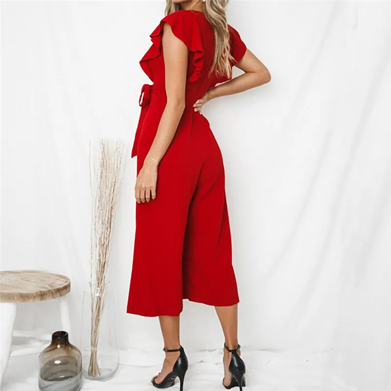 Fashion summer jumpsuit woman 2018 Sexy Deep-V Rompers Solid Short Sleeve Ruffles Long Jumpsuit pantaloni siamesi Y12#N (19)