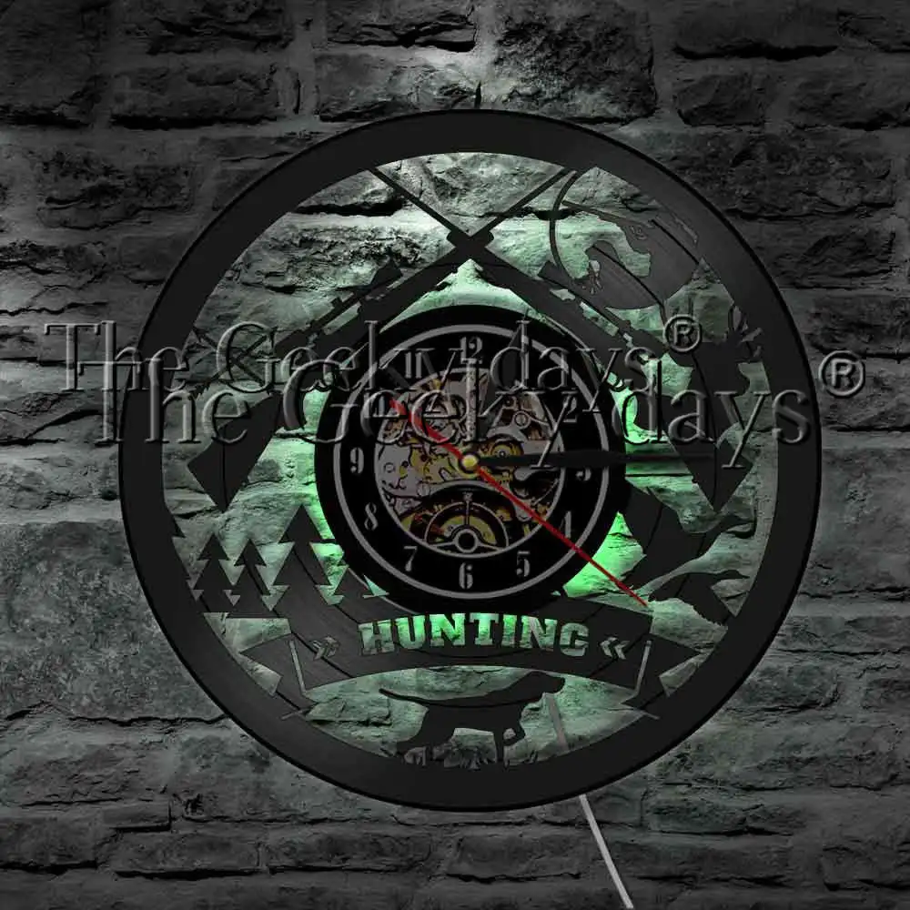

1Piece Hunting Sign Weapon Gun And Dog Adventure LED Light Vinyl Record Wall Clock Goose Flight Hunter Decor LED Hanging Lamp