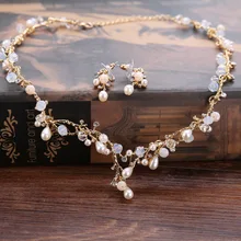 2018 New Arrival Bridal Wedding Jewelry Sets For Women Crystal Glass with Pearl Top Quality Rhinestone Gold Hairbands Best Gifts