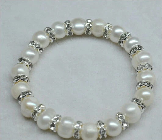 

Wholesale natural 8-9mm white pearl + rhinestone bracelet 7.5 " >>free shipping