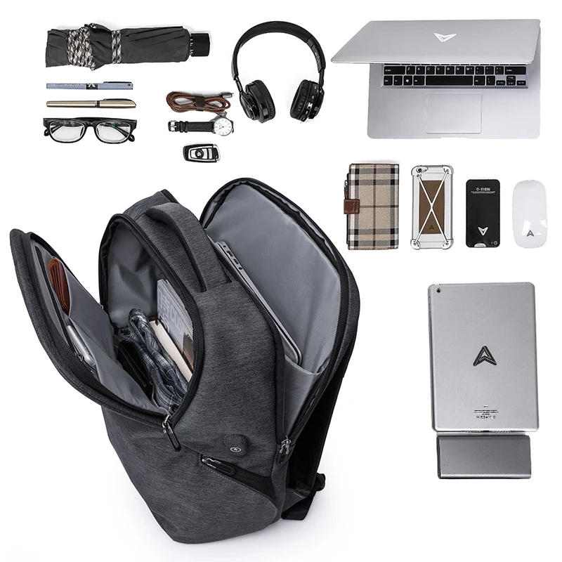 KAKA803 Multifunction Polyester Waterproof Men Laptop Bag Backpack 15.6 inch Fashion School Black Male USB Charging Backpacks