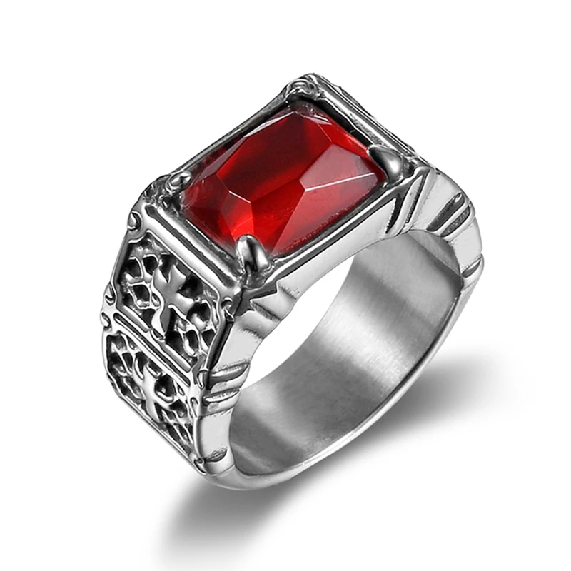

Size 8-14 316L stainless steel vampire cross rings with red stone sideway cross signet rings for cool boys biker men