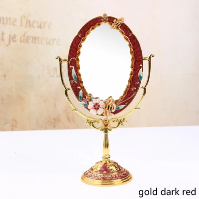 Европейские антикварные бронзовые с фиолетовой ручной эмалированной и ювелирной с 4x6 дюймов Овальной металлической рамкой настольные качели косметическое зеркало - Цвет: gold dark red
