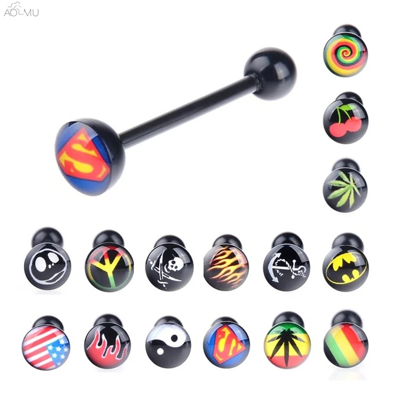 

AOMU 1 Piece Acrylic Batman Superman Tongue Ring Labret Ring Noctilucent Maple Nipple Bar Ring Barbell Body Piercing Jewelry