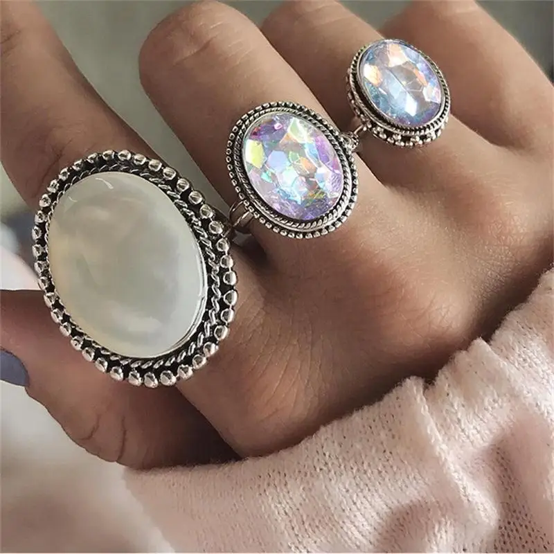 

Women Rings Vintage Engraved Oval Crystal Silver Ring Set Female Temperament Luxury Engagement Party Jewelry Accessories
