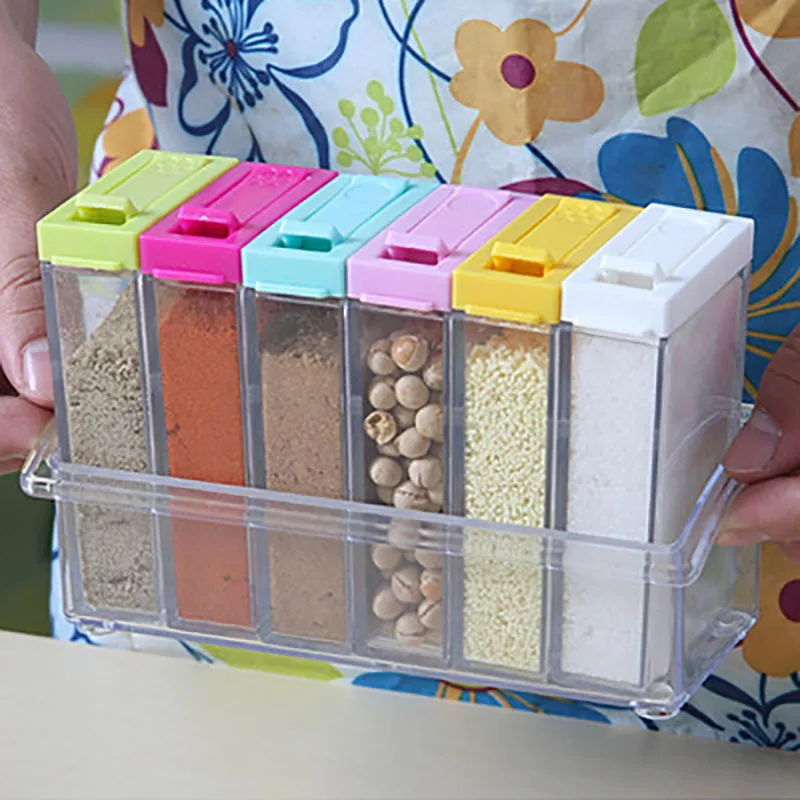 

6 Pcs/set Seasoning Box Transparent PP Salt Pepper Jars Box Kitchen Spice Storage Bottles Colorful Lid Kitchen Cruet Storage