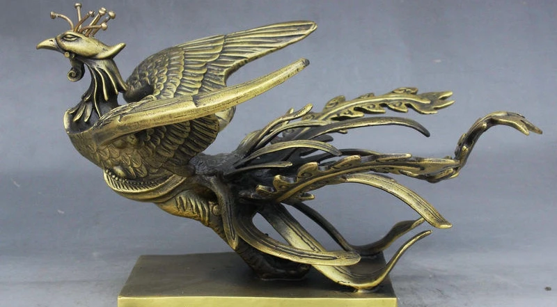 

12" China Bronze Auspicious Mythical Animals Rosefinch Phoenix Statue Sculpture