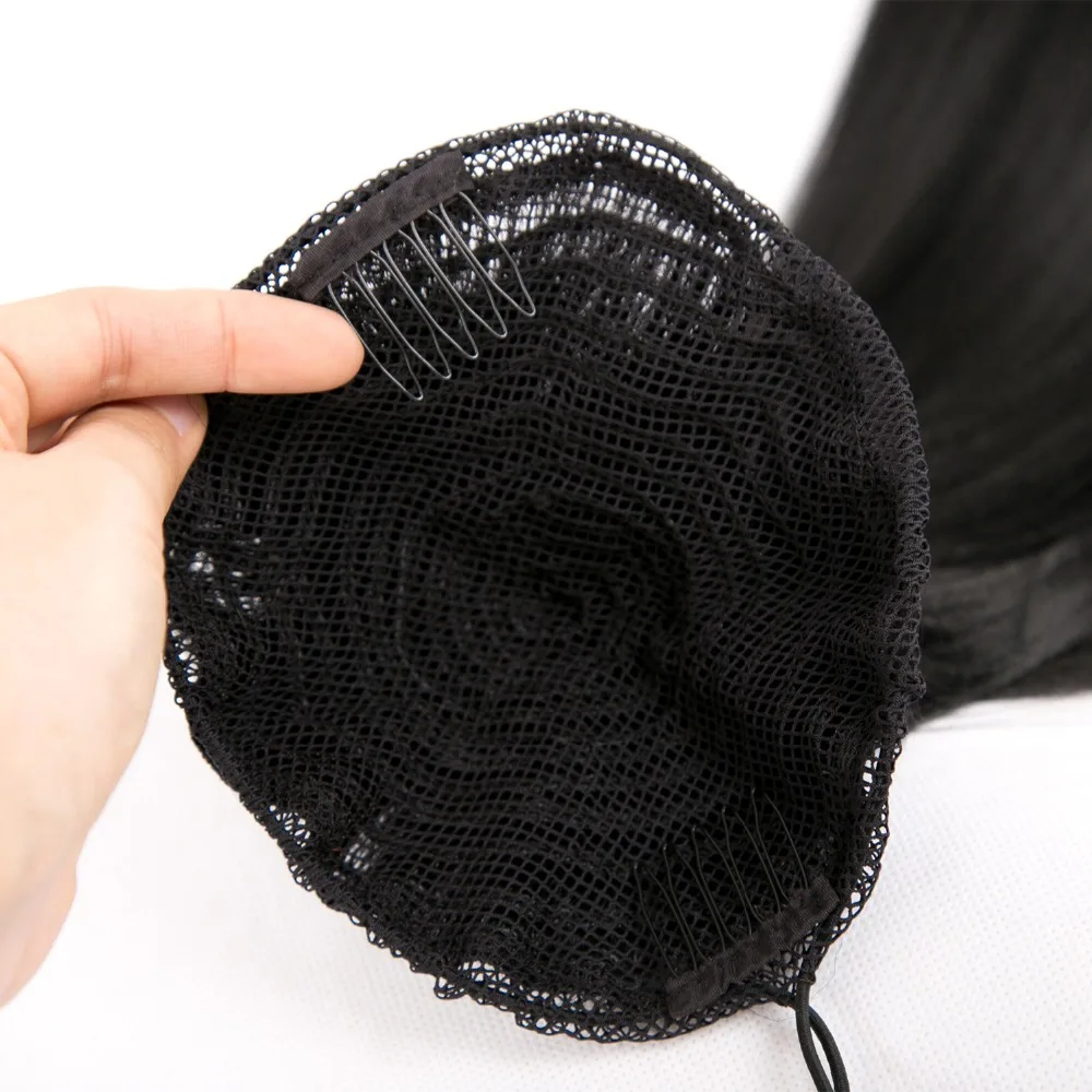Synthetic yaki straight 20 inch long drawstring ponytail with clips in high puff pony tail hair extension chignon