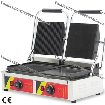 

Heavy Duty Nonstick 110v 220v Electric Ribbed + Smooth Double Contact Grill Steak Panini Sandwich Press Maker Machine