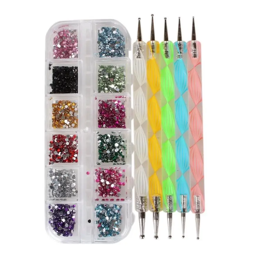 

1 Nail Box+5pcs Nail Marbleizing Tool Dotting Drill Pen Art Design Point Tools for french manicure 12.19