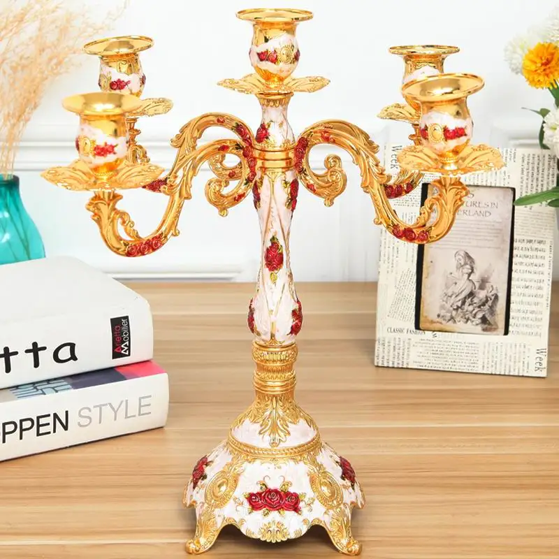PEANDIM Golden Plated Golden Plated Rare Antique 5 arms Candle Holder Romantic Home Tabletop Candlestick Wedding Events Decor