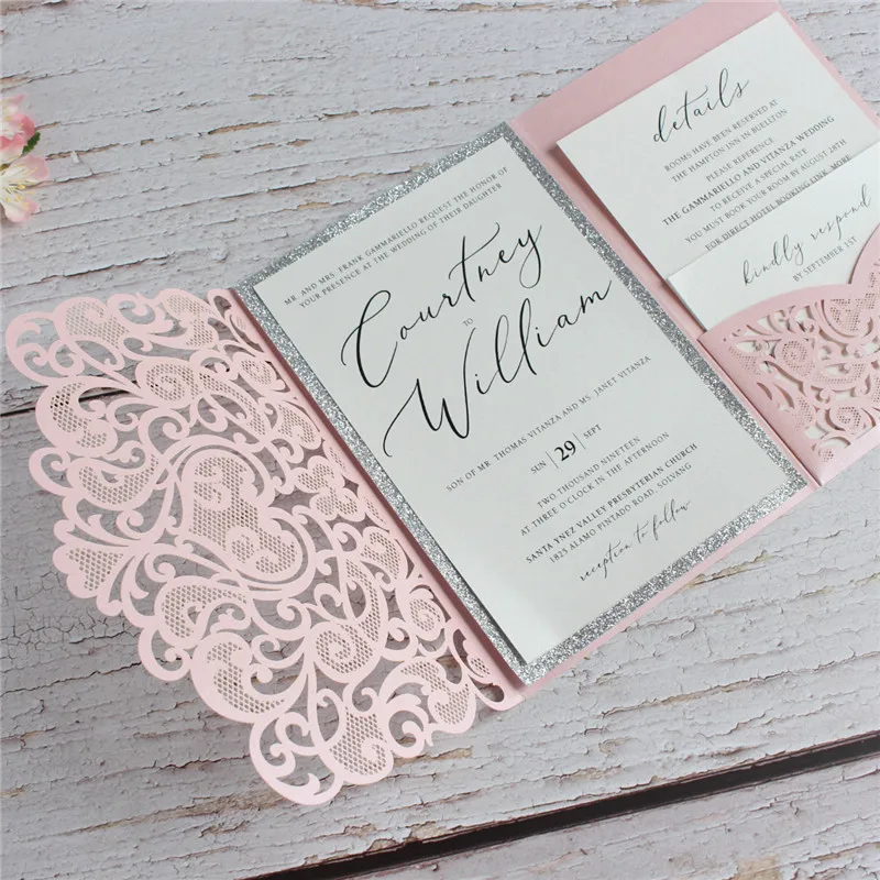 Свадебные приглашения конверт с блестящей серебряной каймой вставка мягкий розовый цветочный Сердце Лазерная резка, для свадьбы держатель для карт