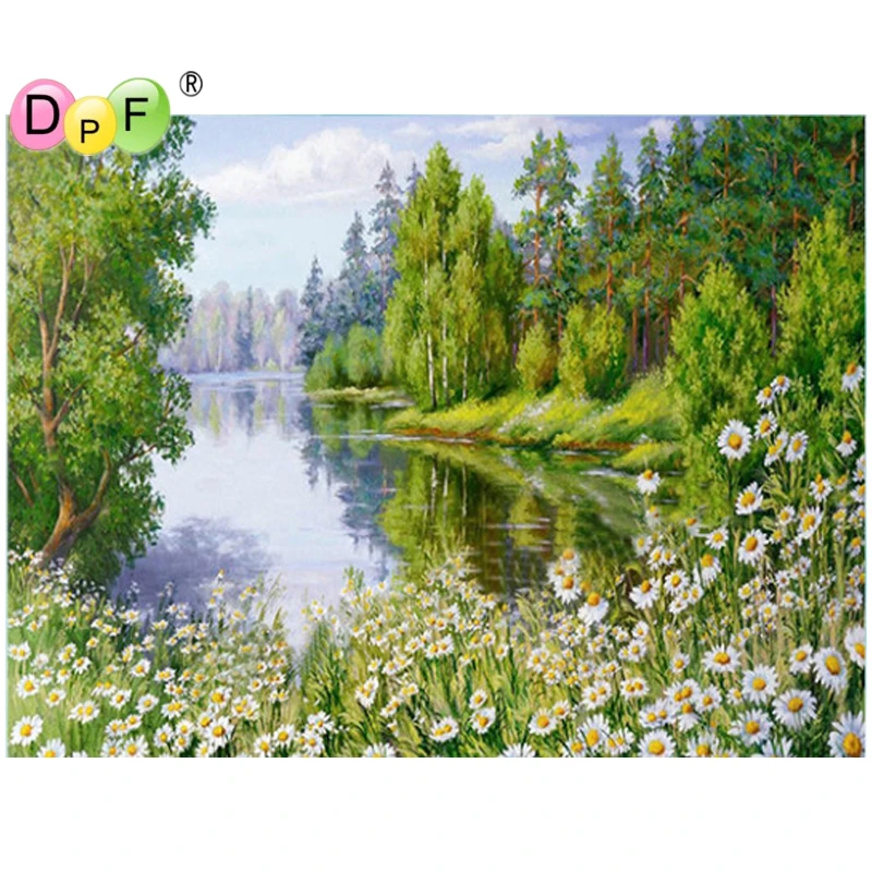 DPF DIY Magic Cube Cross Stitch art craft daisy woods river Diamond Embroidery 5D full Round Painting Mosaic gift Decor | Дом и сад