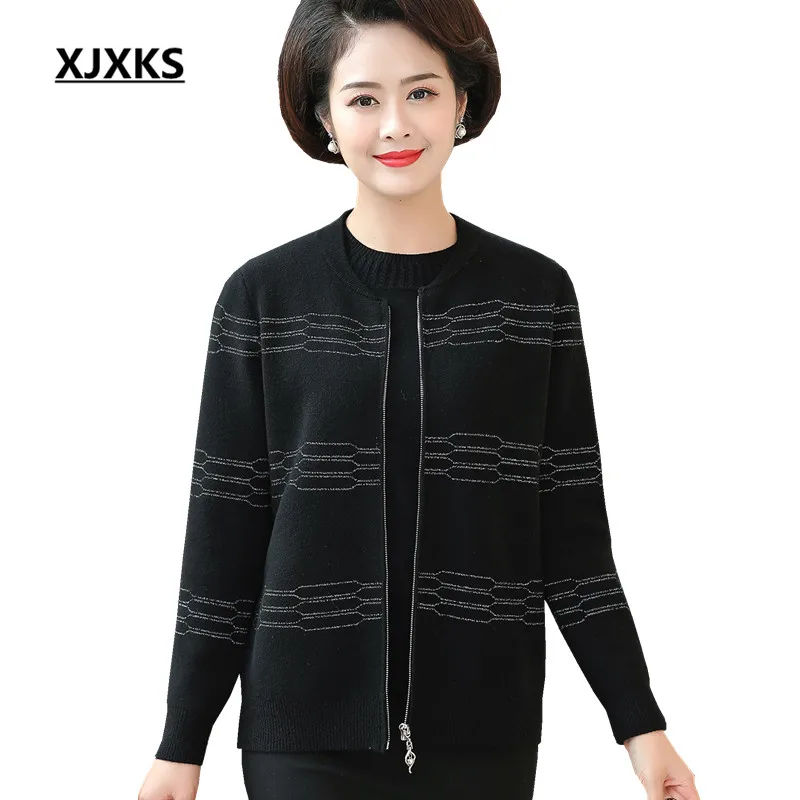 

XJXKS Loose plus size fashion Lurex women zipper jacket 2019 spring new comfortable cashmere high quality women's cardigan coat
