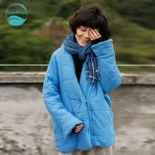 LinenAll women’s winter short parkas, light blue V-neck 100% cotton, silk padding warm outerwear parkas female wuyou