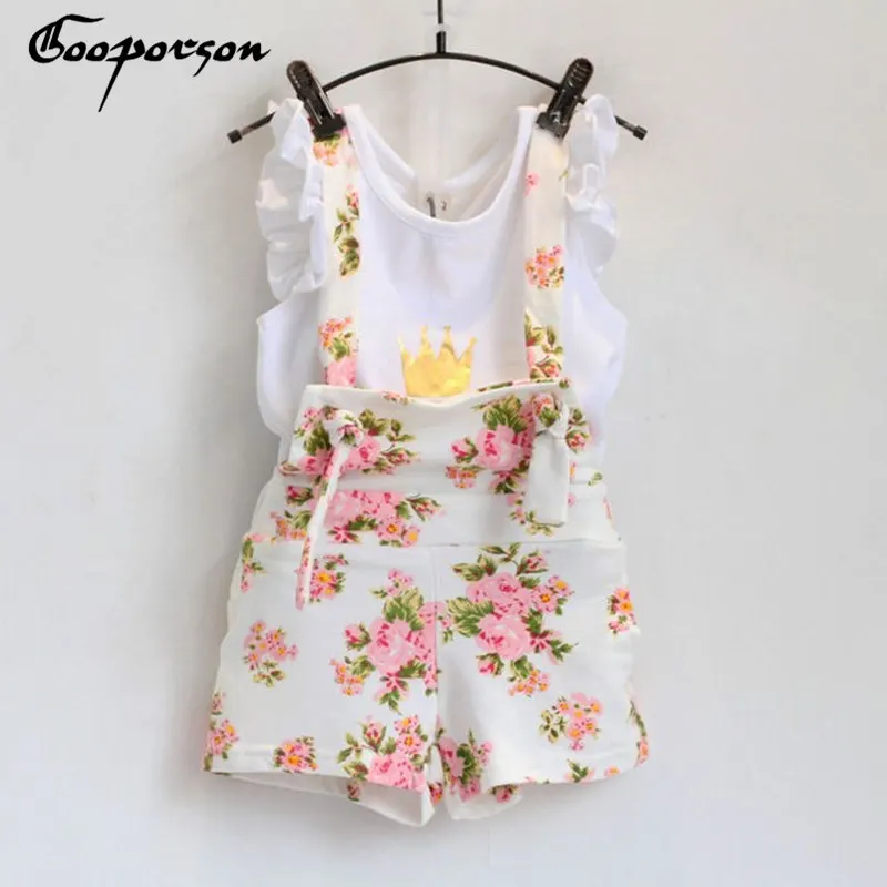 جديد أزياء الفتيات الملابس مجموعة الصيف تاج قميص مع الأزهار overet دعوى للطفل فتاة الأطفال ملابس طفلة دعوى