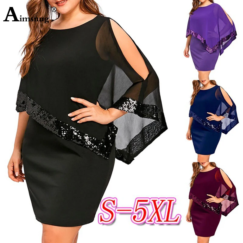 

Plus size 4xl 5xl Vintage Solid Sequin Separate Half Sleeve O-Neck Irregular New Summer Women Party Dress Female The Dress