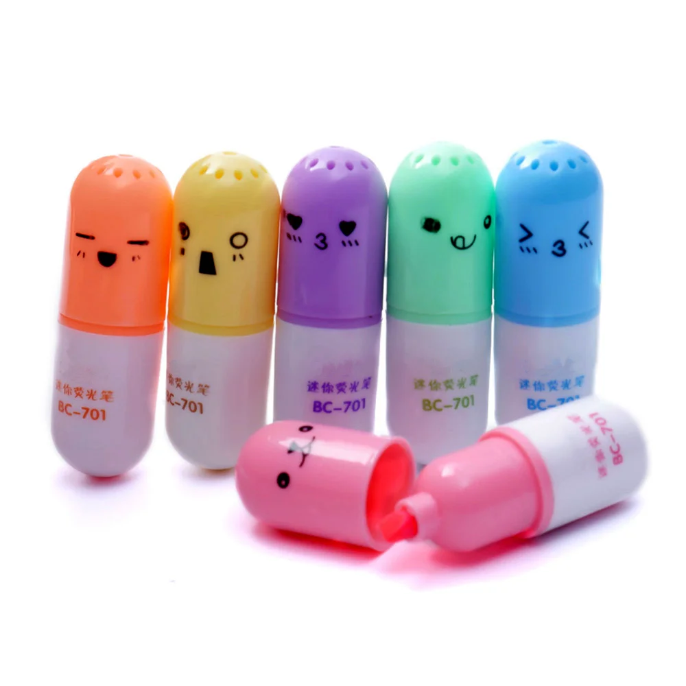 

6Pcs/set Mini Pill shaped highlighter pens for writing Cute face Graffiti marker pen Korean stationery school office supplies
