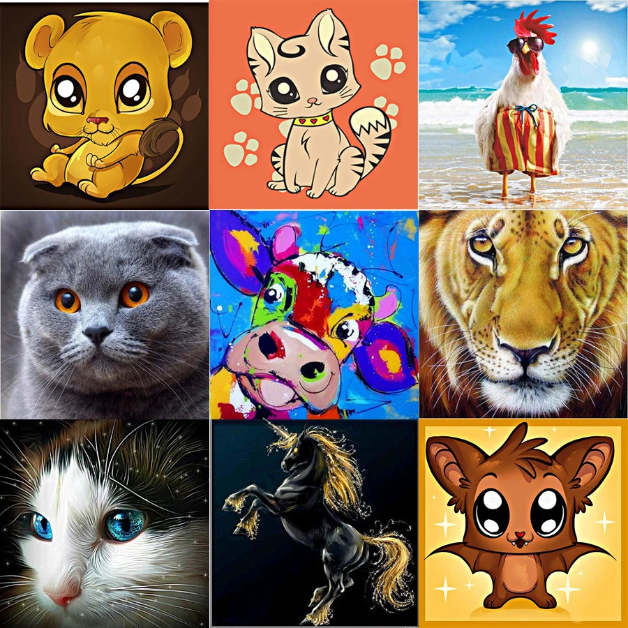 

Full Round/square 5D DiyDiamond Painting Colorful cow Cat lion tiger unicorn bat cock Rhinestones Daimond Embroidery Animals
