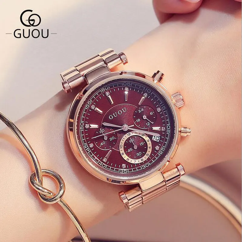 

Russian clearance GUOU Luxury Watch Top Women Steel Bracelet Auto Date Women's Watches Ladies Clock relogio feminino reloj mujer