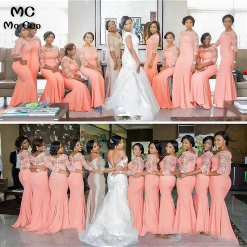 Arabic African Long Coral Bridesmaid Dresses with Half Sleeves Plus Size Lace Mermaid Wedding Party Guest Dress Formal Gown Custom made