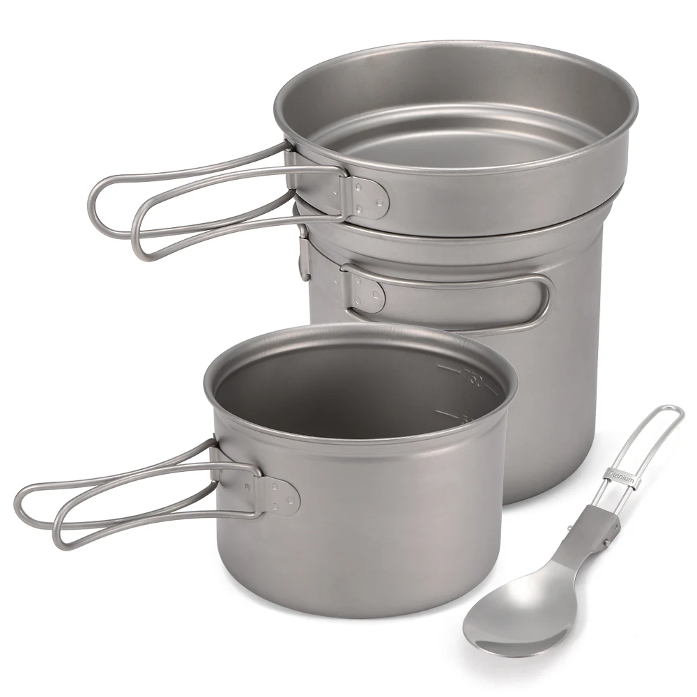 

Titanium Cookware Set 1000ml 750ml Outdoor Picnic Pot Pan Spork Set Camping Hiking Backpacking Cookware Equipment