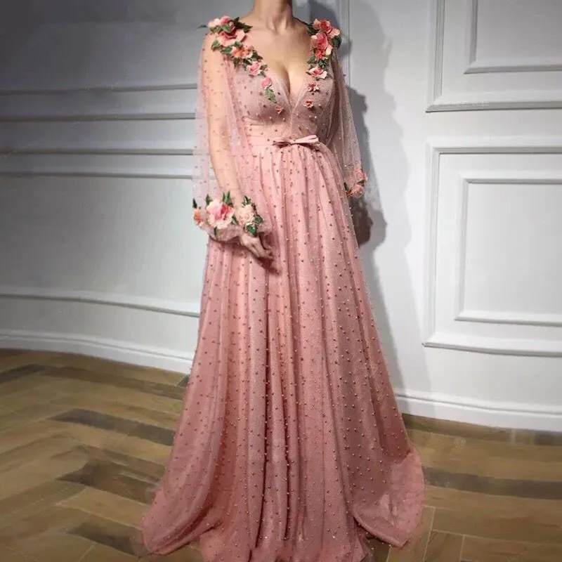 

Muslim Evening Dresses 2019 A-line Deep V-neck Long Sleeves Tulle Pearls Flowers Dubai Saudi Arabic Long Formal Evening Gown