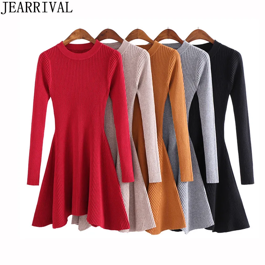 

2018 New Winter Red Black Sweater Dress Fashion Women's Long Sleeve O-Neck Thick Warm Knitted Dress Casual Mini Vestidos Mujer