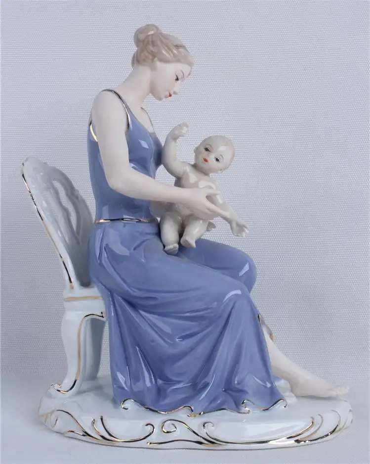 Фарфоровая скульптура ребенка и матери, керамическая Статуя Матери любви, домашнее украшение, подарок на день матери и день рождения - Цвет: Blue
