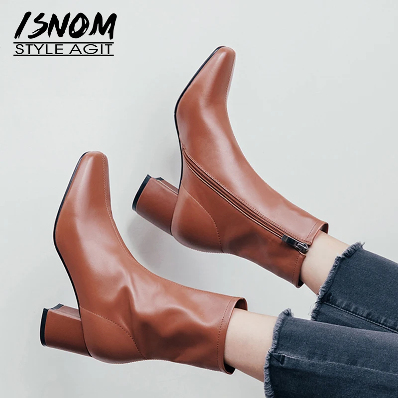 

ISNOM High Heels Boots Women Cow Leather Ankle Boot Square Toe Shoes Female Fashion Party Zip Shoes Ladies Autumn 2020 New