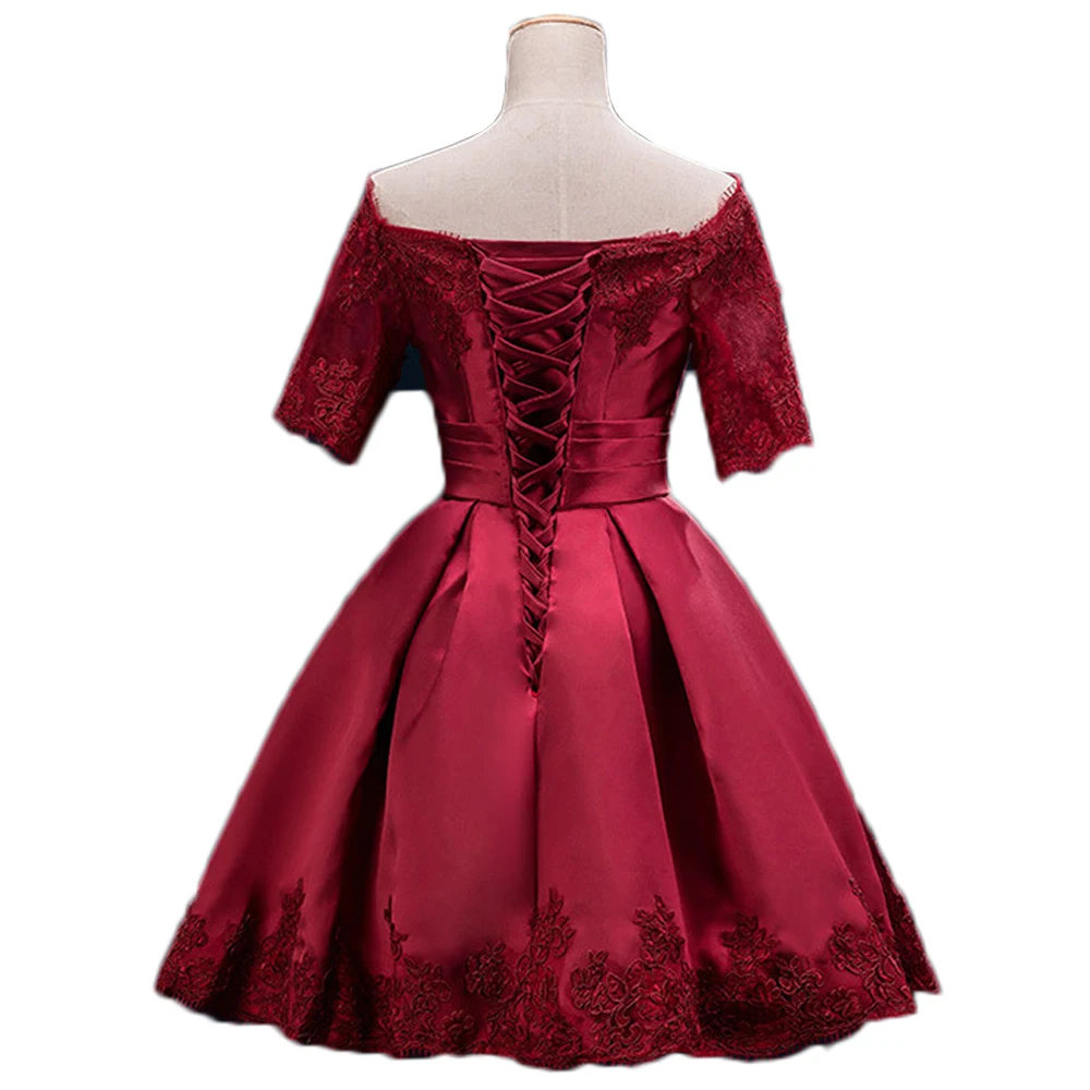 ANGELSBRIDEP Выпускные платья Burgundy с кружевными аппликациями длиной до колена с короткими рукавами Формальное вечернее платье для выпускного вечера Robe De Soiree