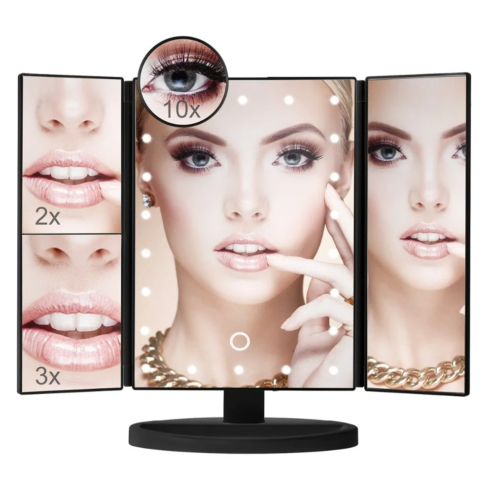 

Lighted Makeup Vanity Mirror with 22 LED Lights Tri-Fold cosmetic Mirror with 10X/3X/2X Magnify Free Rotation and Touch Screen