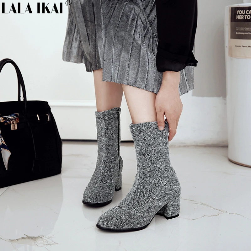 

LALA IKAI Women Winter Fashion Boots Square Toe High Heels Zipper Closure Sequined Cloth Shoes Mid-Calf Boot Female XWC2768-5