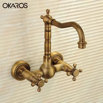 

OKAROS Wall Mounted Kitchen Sink Faucet Solid Brass Antique Bronze Bathroom Basin Faucet Luxury Vintage Balcony Kitchen Faucet