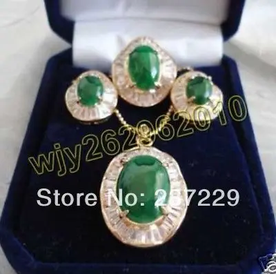 

-new Style-@> Wholesale price -hot aDesign elegant green jade inlaid Zircon Necklace Earrings Ring Set Natural jewe