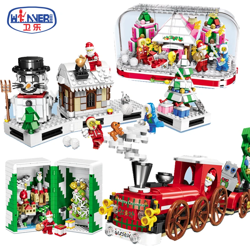 

Compatile legoed Christmas ornament sets snowman New year birthday house santa claus model building blocks bricks toys kids gift