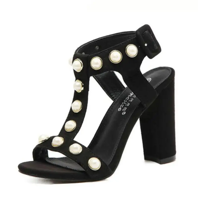 

Women String Bead Gladiator Sandals Fashion Buckle T-strap High Heel Shoes Fashion Woman Square Heel Party Open Toe Ladies Shoes