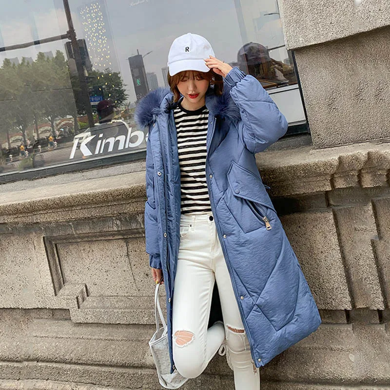 Новое поступление, зимняя куртка для женщин, корейский стиль, с капюшоном, с искусственным мехом, женское длинное пальто, теплая утепленная Дамская парка, верхняя одежда - Color: Blue