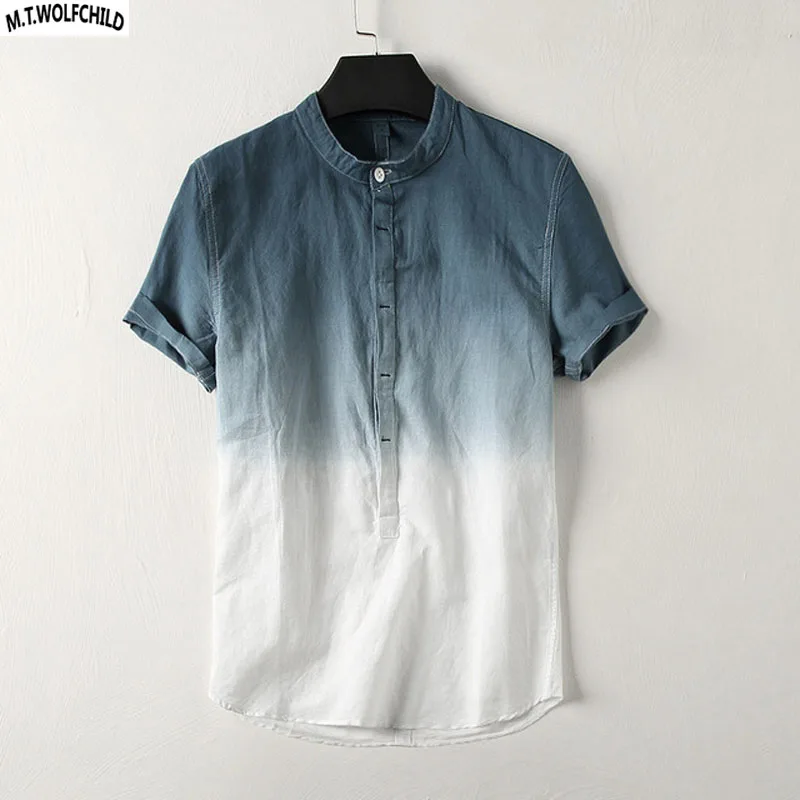 Fashion 2018 Summer New linen Men's short sleeve Gradient henry-collar t-shirts casual cotton mens tees slim mens clothing tops