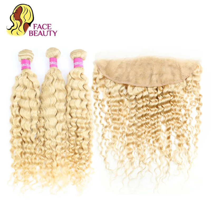 

Facebeauty 613 Blonde Weft Remy Malaysian Curly Hair Extension 2/3/4 Bundle with Closure 13x4 Lace Frontal Preplucked Human Hair