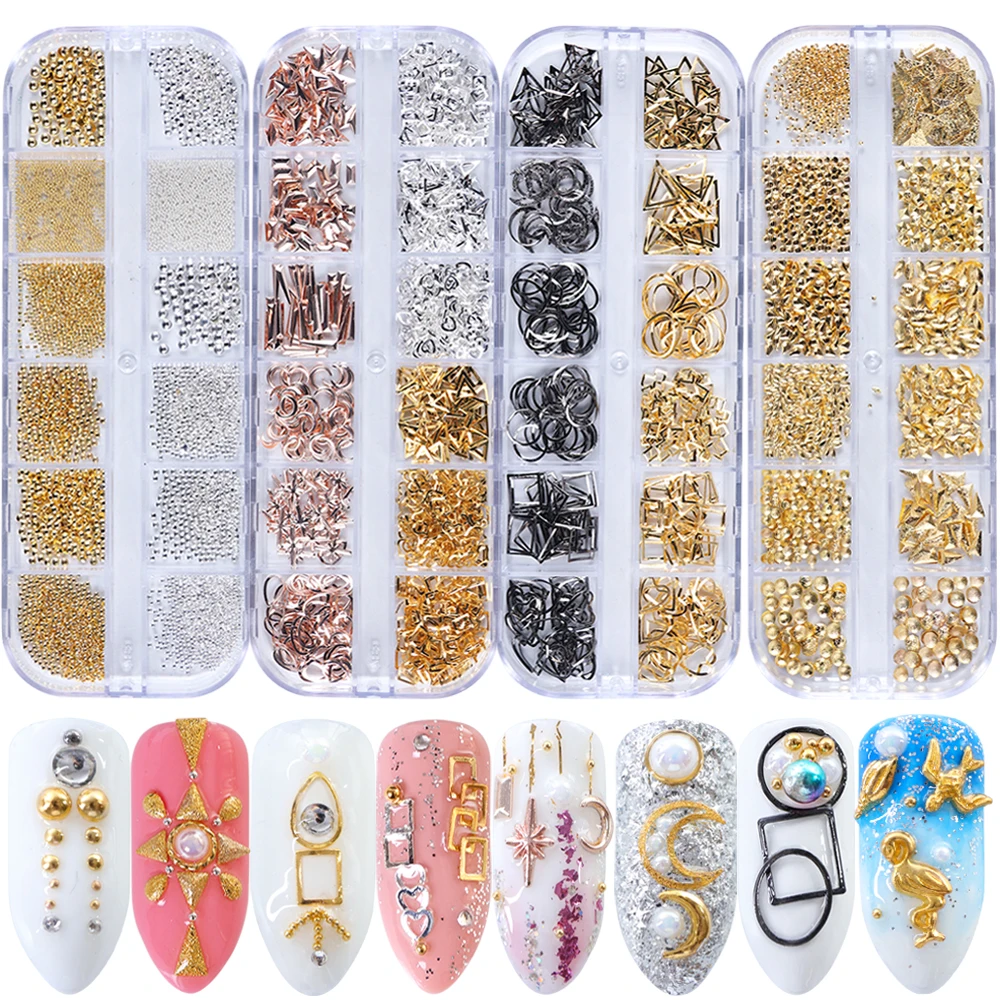 1 Box Gold Silver 3D Nail Art Metal Steel Beads Rivets Frame Seashell Mixed Shape Nail Jewelry DIY Manicure Accessories LA772 (2)