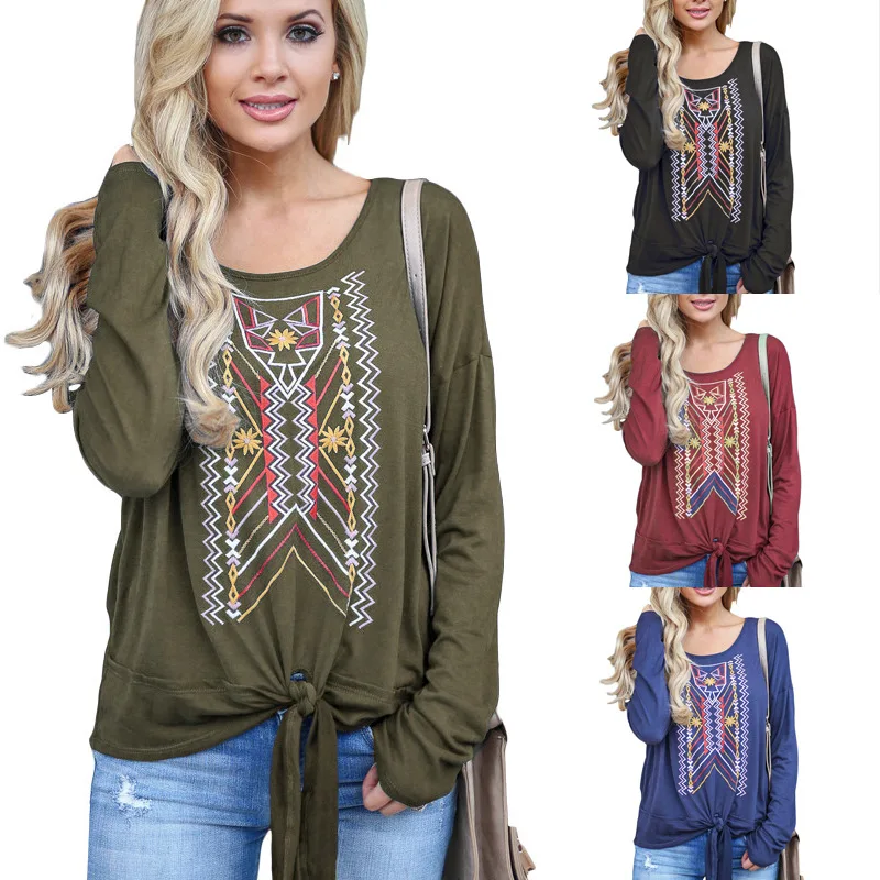 Boho Boheme Blouse Print Shirts Long Sleeve Women Clothes O Neck Chemisier Femme Bandage Blusas Camicia Donna Mujer De Moda 2019 |