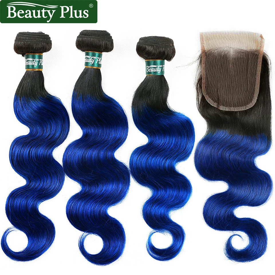 

Brazilian Body Wave 3 Bundles With Closure Non Remy Ombre Human Hair Extensions With Closure 1b/Blue for Black Women Beauty Plus