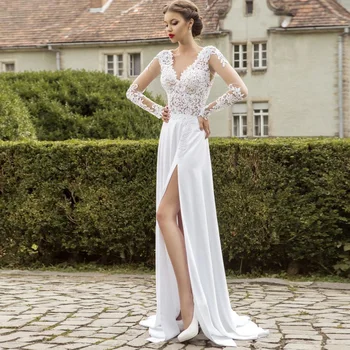 

Beach Wedding Dress Sexy Deep V-neck Appliques Lace Top Chiffon 2020 Long Sleeves Wedding Gown Boho Bride Dress with Slit