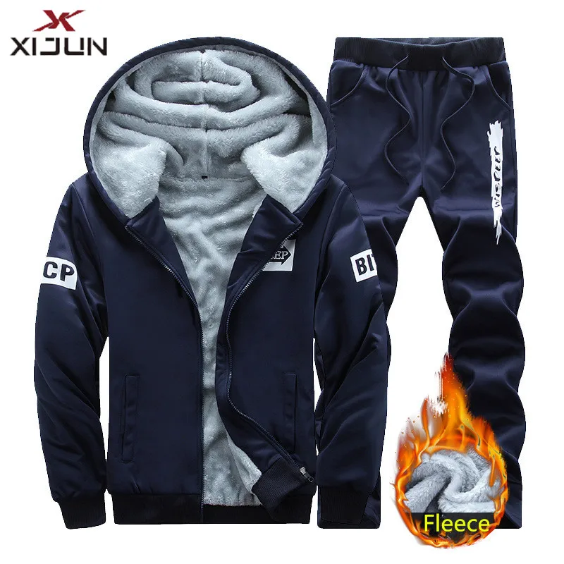 Xijun 2PCS Fashion Brand-Clothing Sweatshirt Men Tracksuit Men Set hoodies and pants men Winter Fleece Thick Hooded Clothes me