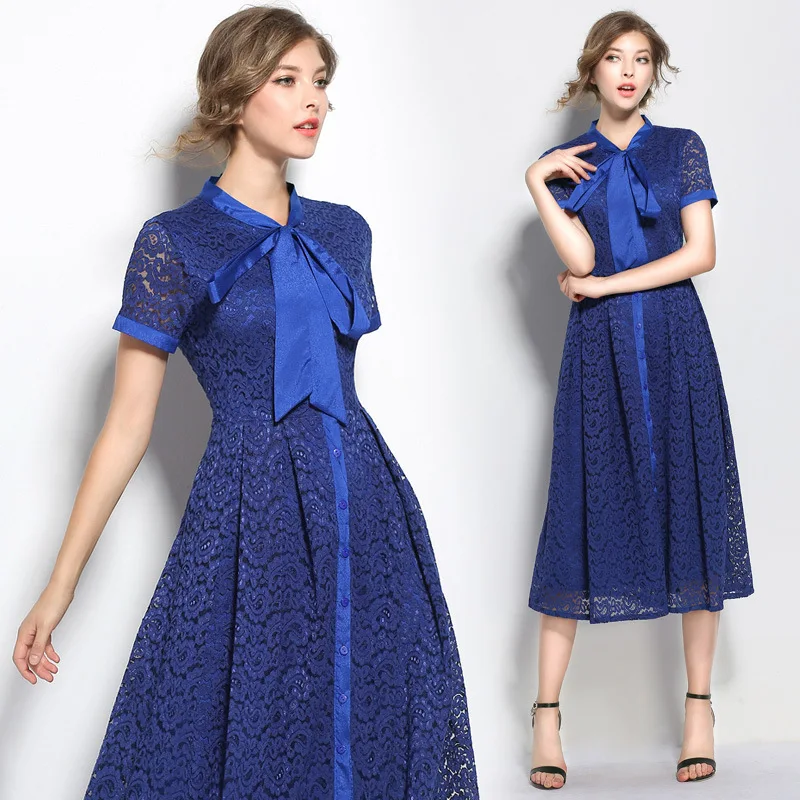 High Quality Summer Women Elegant Long Dresses Lady Hollow Lace Floral