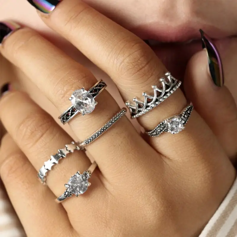 

Bohemia Punk Ethnic Crown Stars Cross Crystal Ring Set 6 Piece Ring Female Charms Jewelry Knuckle Rings for women