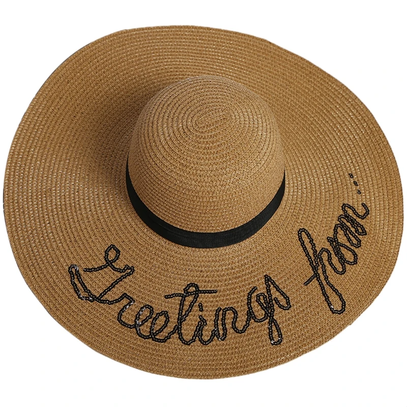 Новинка, женская соломенная шляпа от солнца, пляжная одежда с широкими полями, летняя пляжная шляпа от солнца с надписью, Пляжная большая блестящая модная повседневная шляпа с блестками