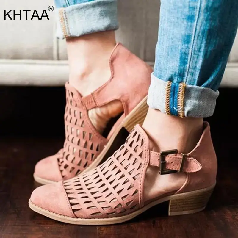 

KHTAA Spring Summer Women Gladiator Low Heels Hollow Sandals Buckle Female Shallow Out Shoes Breath Casual Single Shoes Ladies