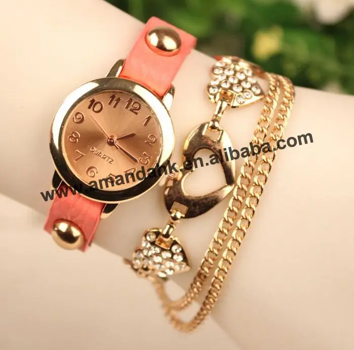 Новая мода сердце металлический браслет-цепочка часы Для женщин длинные Обёрточная бумага вокруг Часы Искусственная кожа кварцевые женское платье наручные Часы